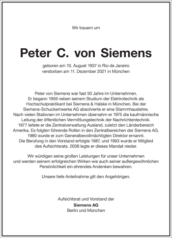 Traueranzeige von Peter C. von Siemens von Frankfurter Allgemeine Zeitung