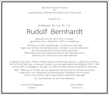 Traueranzeige von Rudolf Bernhardt von Frankfurter Allgemeine Zeitung