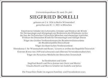 Traueranzeige von Siegfried Borelli von Frankfurter Allgemeine Zeitung