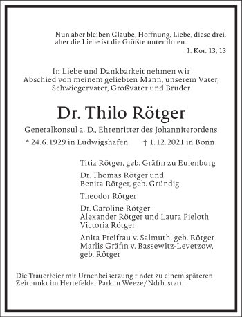 Traueranzeige von Thilo Rötger von Frankfurter Allgemeine Zeitung