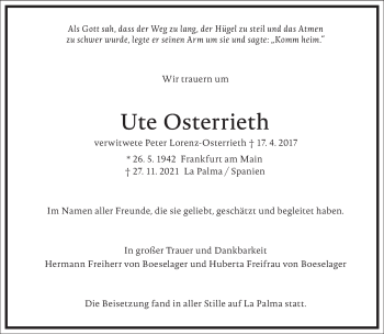 Traueranzeige von Ute Osterrieth von Frankfurter Allgemeine Zeitung