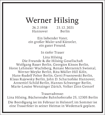 Traueranzeige von Werner Hilsing von Frankfurter Allgemeine Zeitung