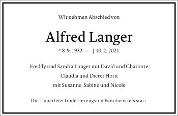 Traueranzeige von Alfred Langer von Frankfurter Allgemeine Zeitung