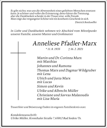 Traueranzeige von Anneliese Pfadler-Marx von Frankfurter Allgemeine Zeitung