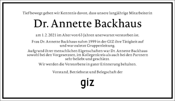 Traueranzeige von Annette Backhaus von Frankfurter Allgemeine Zeitung