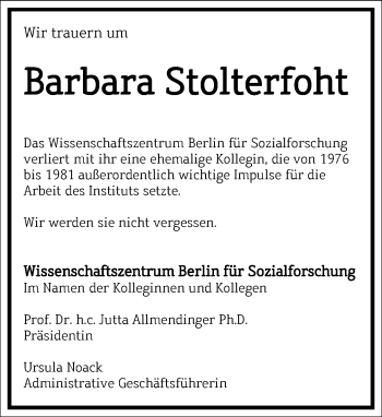 Traueranzeige von Barbara Stolterfoht von Frankfurter Allgemeine Zeitung