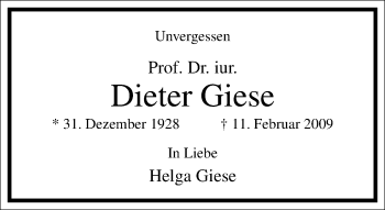 Traueranzeige von Dieter Giese von Frankfurter Allgemeine Zeitung