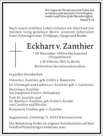 Traueranzeige von Eckhart v. Zanthier von Frankfurter Allgemeine Zeitung