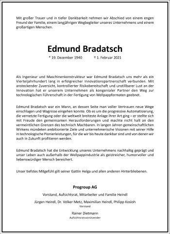 Traueranzeige von Edmund Bradatsch von Frankfurter Allgemeine Zeitung