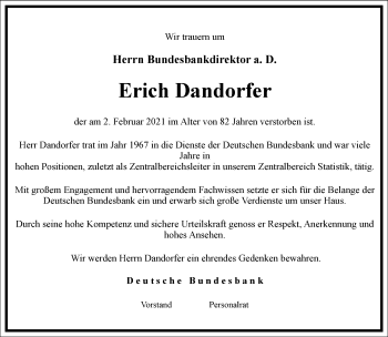 Traueranzeige von Erich Dandorfer von Frankfurter Allgemeine Zeitung