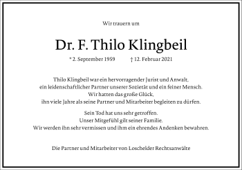 Traueranzeige von F. Thilo Klingbeil von Frankfurter Allgemeine Zeitung