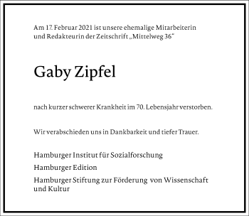 Traueranzeige von Gaby Zipfel von Frankfurter Allgemeine Zeitung
