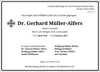 Traueranzeige von Gerhard Müller-Alfers von Frankfurter Allgemeine Zeitung