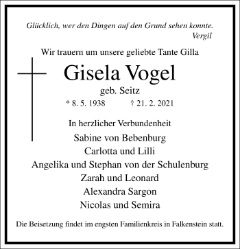 Traueranzeige von Gisela Vogel von Frankfurter Allgemeine Zeitung