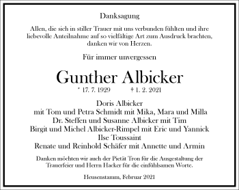 Traueranzeige von Gunther Albicker von Frankfurter Allgemeine Zeitung