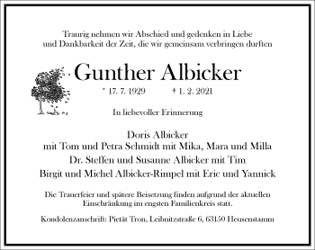 Traueranzeige von Gunther Albicker von Frankfurter Allgemeine Zeitung