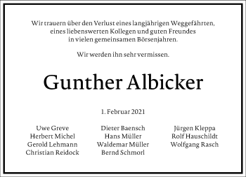 Traueranzeige von Gunther Albicker von Frankfurter Allgemeine Zeitung