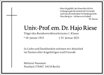 Traueranzeige von Hajo Riese von Frankfurter Allgemeine Zeitung