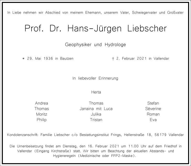  Traueranzeige für Hans-Jürgen Liebscher vom 06.02.2021 aus Frankfurter Allgemeine Zeitung