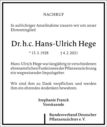 Traueranzeige von Hans-Ulrich Hege von Frankfurter Allgemeine Zeitung