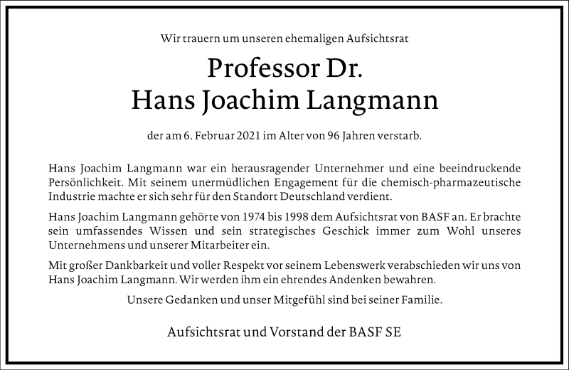  Traueranzeige für Hans Joachim Langmann vom 13.02.2021 aus Frankfurter Allgemeine Zeitung