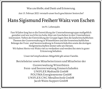 Traueranzeige von Hans Sigismund Freiherr Waitz von Eschen von Frankfurter Allgemeine Zeitung