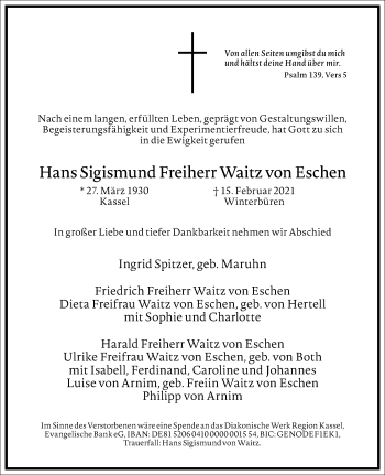 Traueranzeige von Hans Sigismund Freiherr Waitz von Eschen von Frankfurter Allgemeine Zeitung