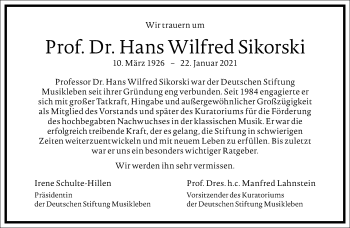 Traueranzeige von Hans Wilfred Sikorski von Frankfurter Allgemeine Zeitung