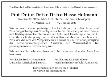 Traueranzeige von Hasso Hofmann von Frankfurter Allgemeine Zeitung