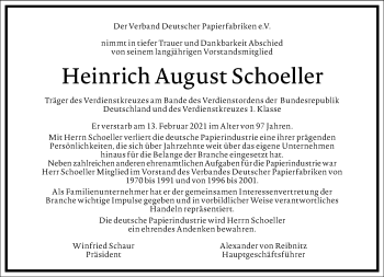 Traueranzeige von Heinrich August Schoeller von Frankfurter Allgemeine Zeitung