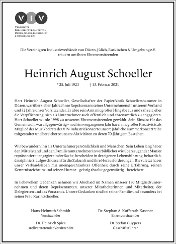 Traueranzeige von Heinrich August Schoeller von Frankfurter Allgemeine Zeitung