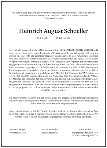 Traueranzeige von Heinrich August Schoeller von Frankfurter Allgemeine Zeitung