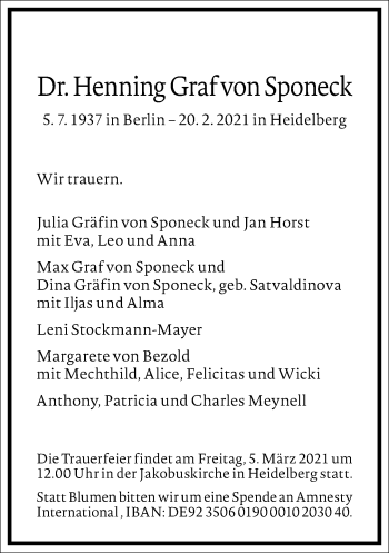 Traueranzeige von Henning  Graf von Sponeck von Frankfurter Allgemeine Zeitung