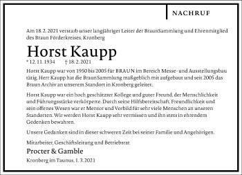 Traueranzeige von Horst Kaupp von Frankfurter Allgemeine Zeitung