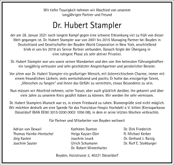 Traueranzeige von Hubert Stampler von Frankfurter Allgemeine Zeitung
