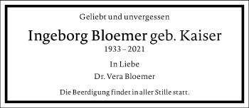 Traueranzeige von Ingeborg Bloemer von Frankfurter Allgemeine Zeitung