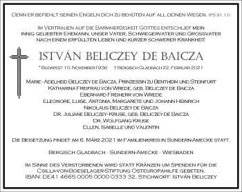 Traueranzeige von Istvan  Beliczey de Baizca von Frankfurter Allgemeine Zeitung