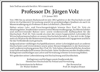 Traueranzeige von Jürgen Volz von Frankfurter Allgemeine Zeitung