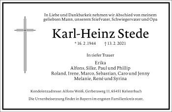 Traueranzeige von Karl-Heinz Stede von Frankfurter Allgemeine Zeitung