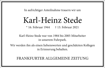 Traueranzeige von Karl-Heinz Stede von Frankfurter Allgemeine Zeitung