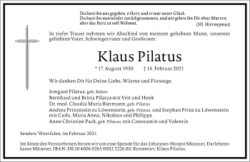 Traueranzeige von Klaus Pilatus von Frankfurter Allgemeine Zeitung