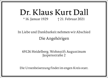 Traueranzeige von Klaus Kurt Dall von Frankfurter Allgemeine Zeitung