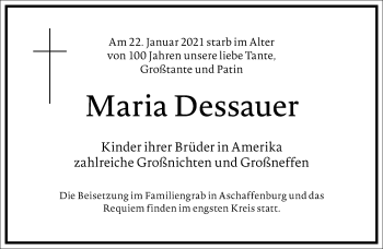 Traueranzeige von Maria Dessauer von Frankfurter Allgemeine Zeitung