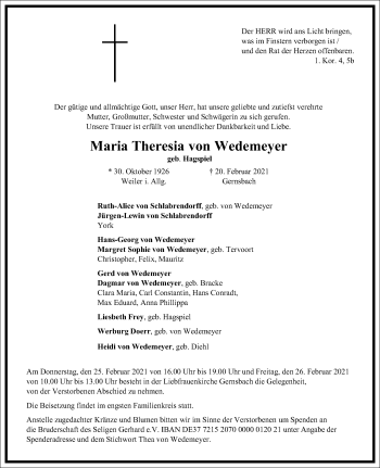 Traueranzeige von Maria Theresia von Wedemeyer von Frankfurter Allgemeine Zeitung