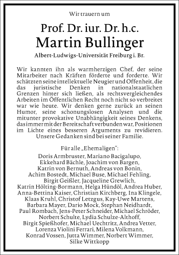Traueranzeige von Martin Bullinger von Frankfurter Allgemeine Zeitung