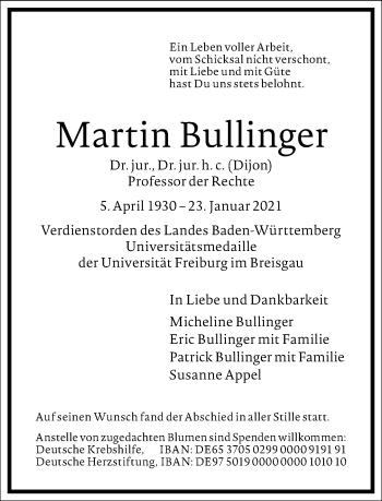 Traueranzeige von Martin Bullinger von Frankfurter Allgemeine Zeitung