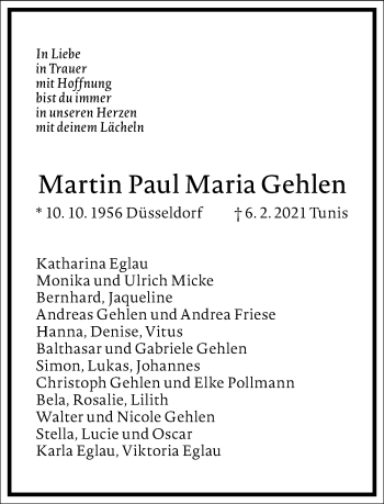 Traueranzeige von Martin Paul Maria Gehlen von Frankfurter Allgemeine Zeitung