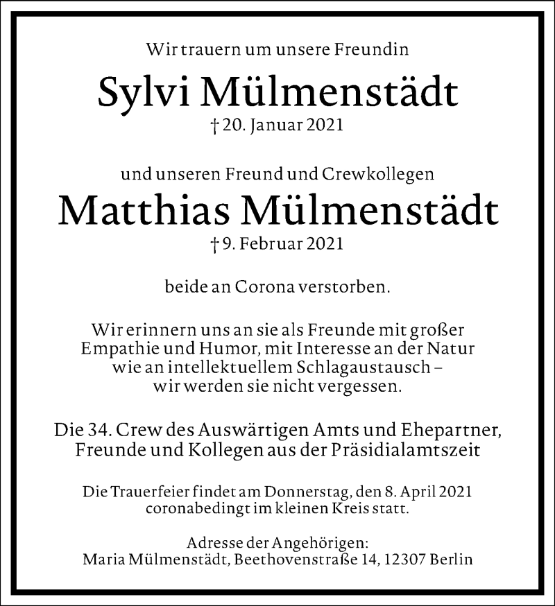  Traueranzeige für Matthias Mülmenstädt vom 27.02.2021 aus Frankfurter Allgemeine Zeitung