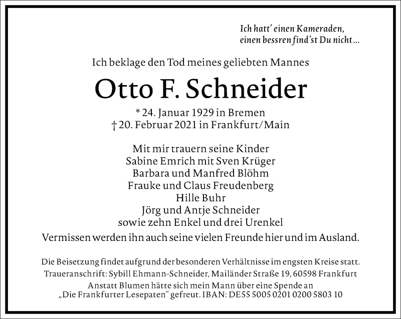  Traueranzeige für Otto F. Schneider vom 27.02.2021 aus Frankfurter Allgemeine Zeitung