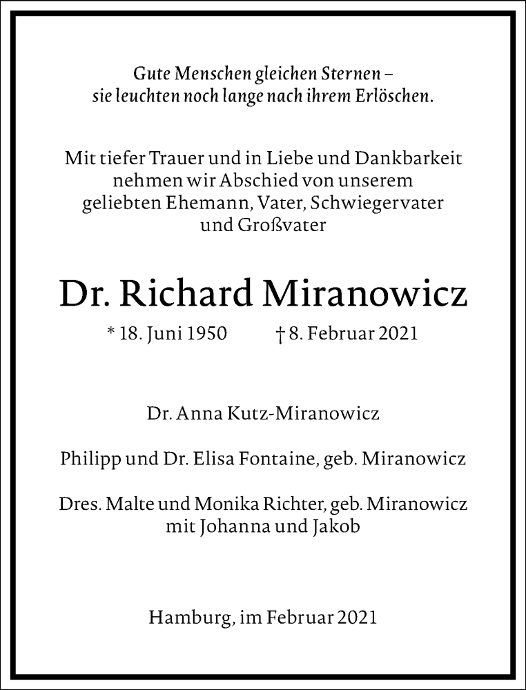  Traueranzeige für Richard Miranowicz vom 13.02.2021 aus Frankfurter Allgemeine Zeitung